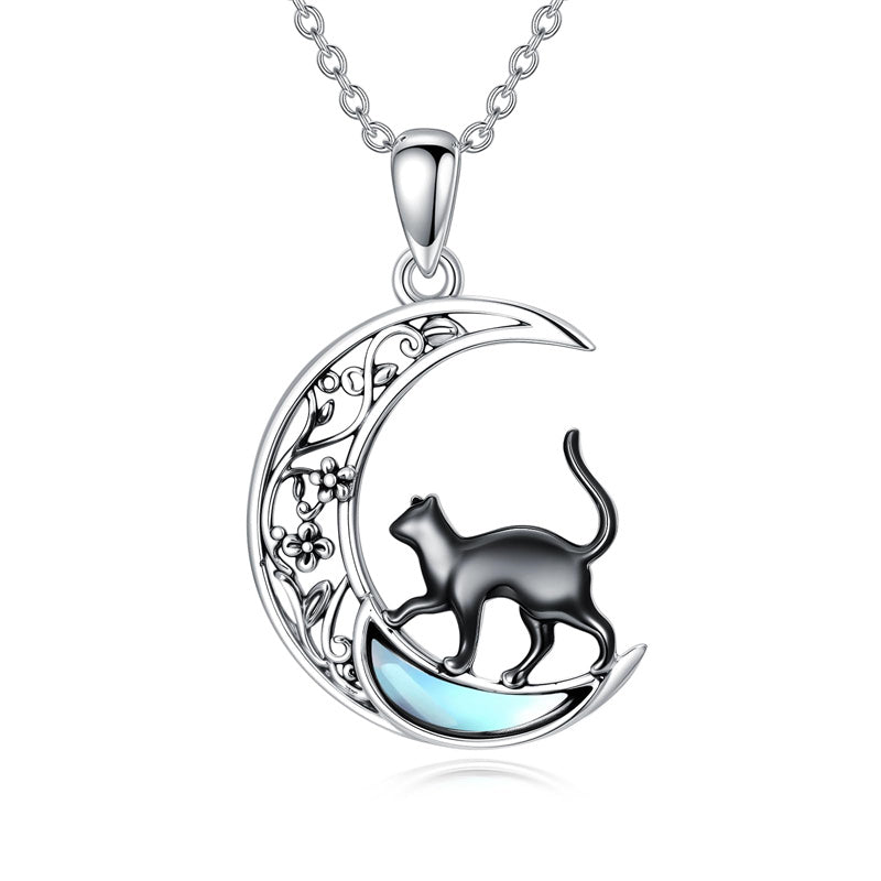 Sterling Silver Moonstone Wolf Cat Koala  Lion Moon Pendant Necklace