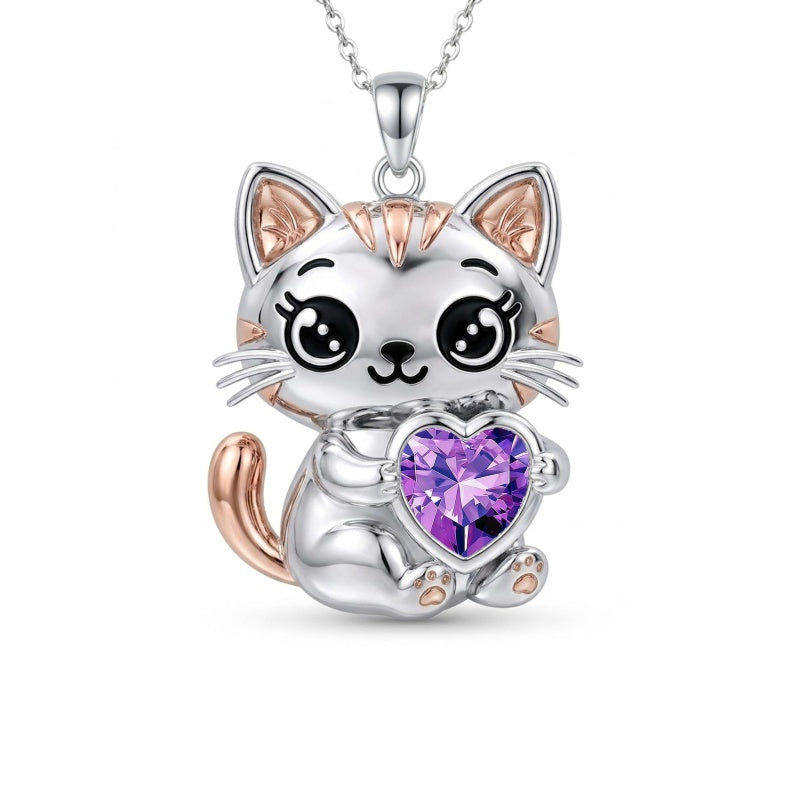 Sterling Silver 12 Month Birthstone Cat Pendant Necklace Birthstone Jewelry Gifts for Birthday