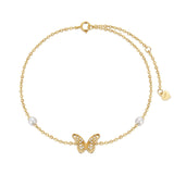 14k Solid Gold Butterfly Anklet For Women, Real Pearl Fine Jewelry Ankle Bracelet Gifts For Her