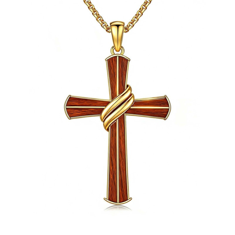 14K Gold Plated Wooden Cross Pendant Necklace Christian Catholic Jewelry Religious Gift