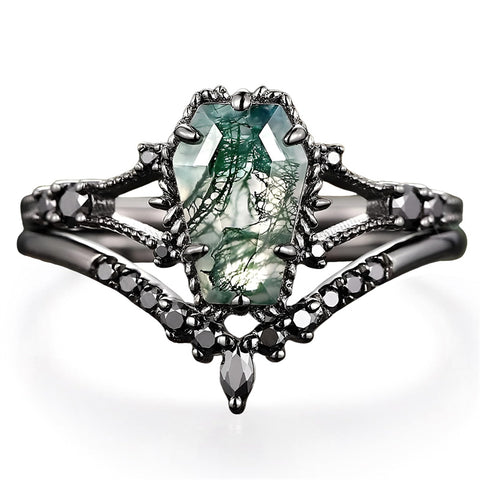 Sterling Silver 10K 14K 18K Gold 2CT Moss Agate Vine Leaf Women's Bridal Ring Sets for Wedding Engagement