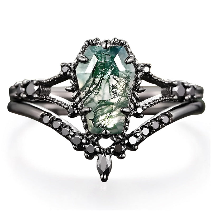 Sterling Silver 10K 14K 18K Gold 2CT Moss Agate Vine Leaf Women's Bridal Ring Sets for Wedding Engagement