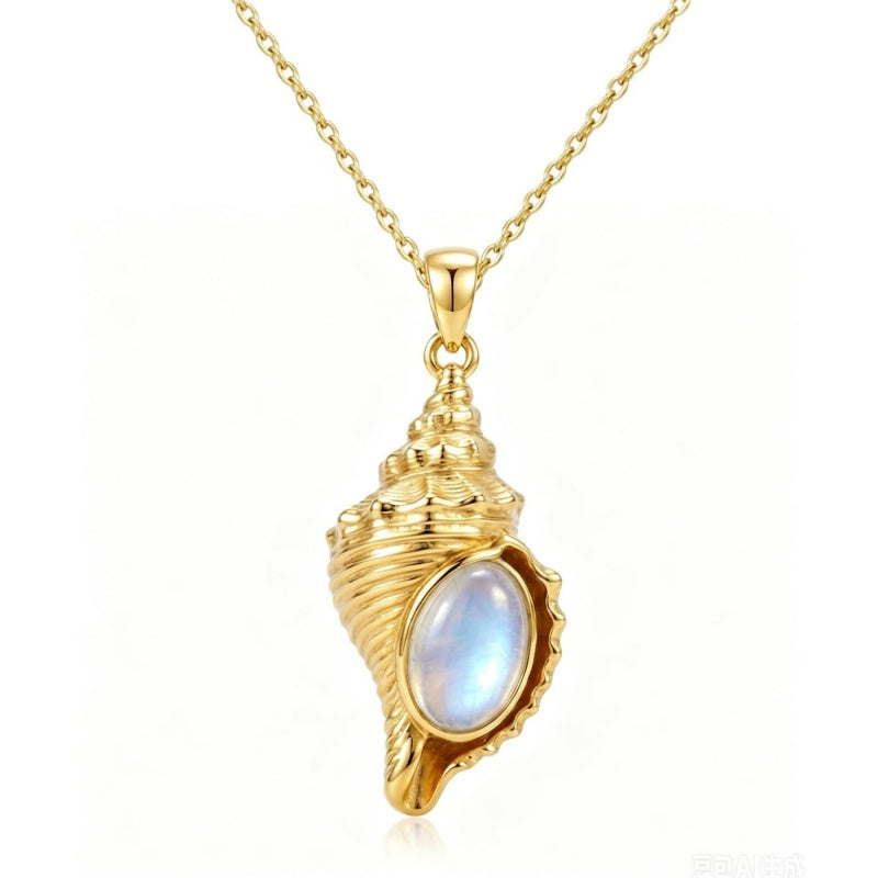 14K Gold Plated Moonstone Octopus Sea Turtle Conch Shell Starfish Seashell Ocean Necklace for Women