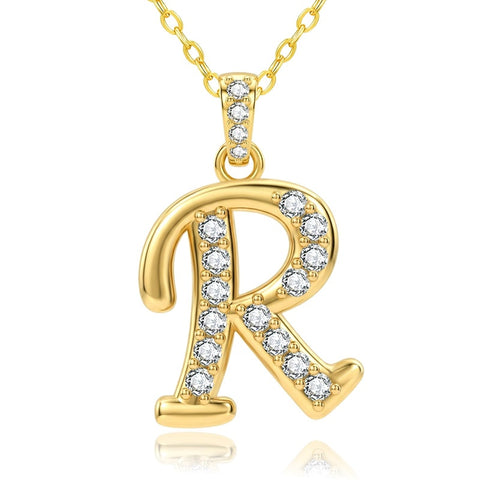 Cubic Zircon 14K Gold Plated Initial Letter A-Z Pendant Necklace