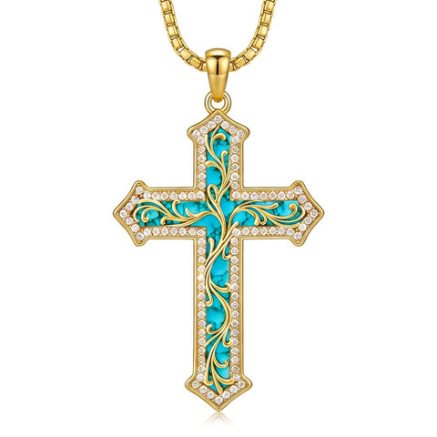 14K Gold Plated Turquoise  Abalone Shell Malachite Wood Filigree Cross Pendant Necklace