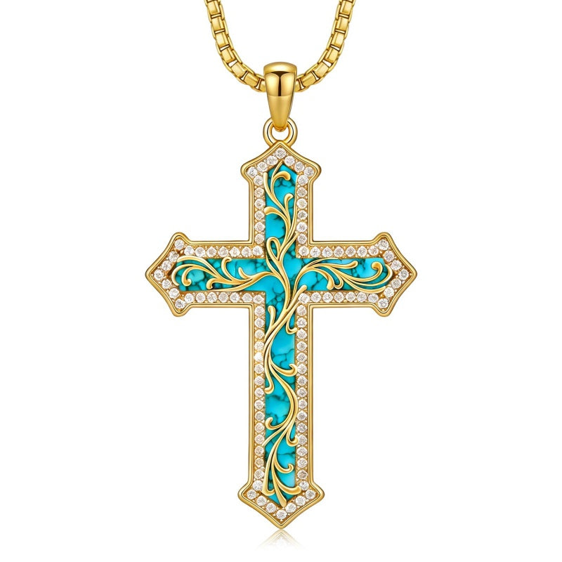 14K Gold Plated Turquoise  Abalone Shell Malachite Wood Filigree Cross Pendant Necklace