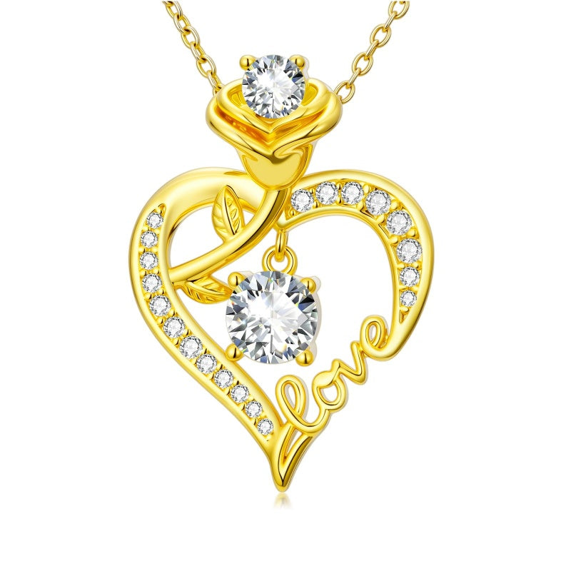 Heart Rose Pendant Necklace for Women  14K Gold Plated Mothers Day  Anniversary Birthday Gift