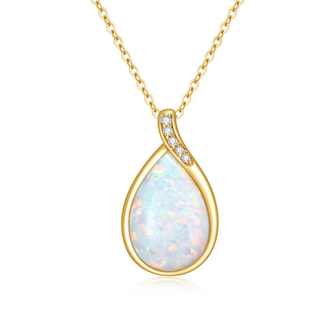 14K Solid Gold White Opal /Moss AgateNecklace for Women Dainty Pear Shape Teardrop Pendant Opal Opal Jewelry Gifts