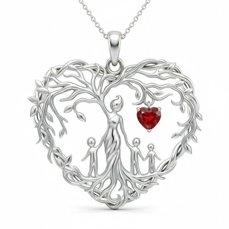 Sterling Silver Heart Pendant Birthstone Tree of Life Mother Child Family Necklace