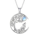 Sterling Silver Moonstone Tree of Life Wolf Cat Fox Rabbit Monkey Pendant Necklace Gift for  Birthday Christmas