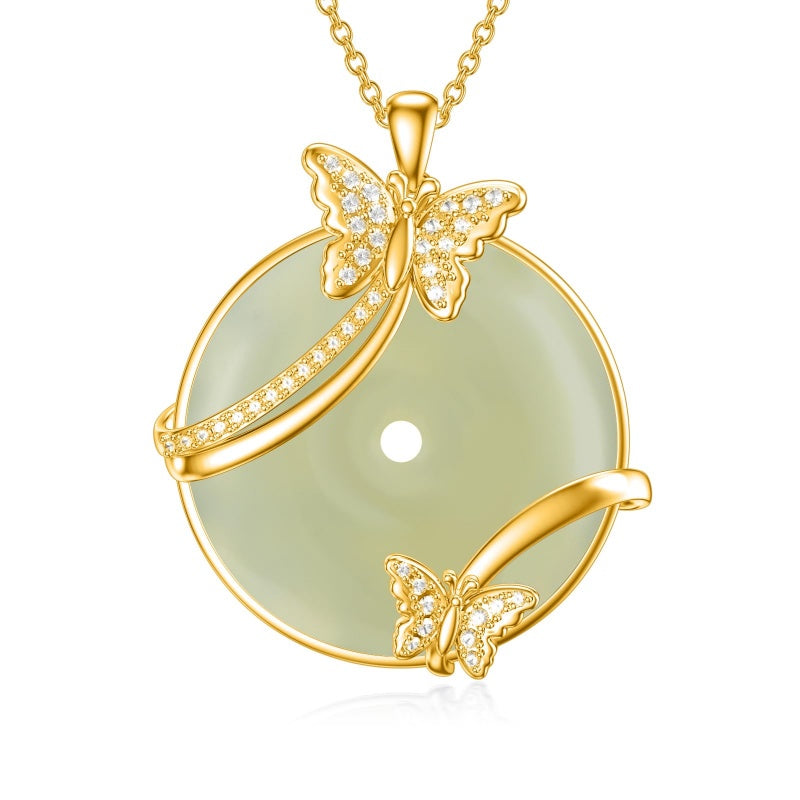 14K Gold Plated Natural Jade Hummingbird Cat Dragonfly Butterfly Bee Pendant Necklace for Women