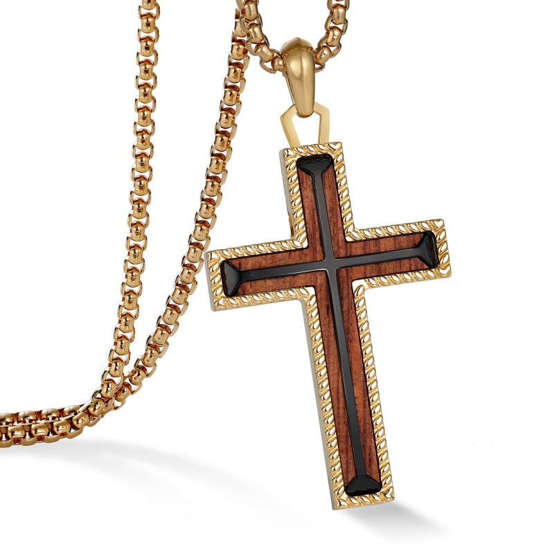 14K Gold Plated Wooden Cross Necklace Jewelry Gift for Him