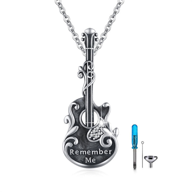 Guitar and Pick Memorial Necklace S925 Sterling Silver Music Guitar Urn Pendants Necklace For Ashes