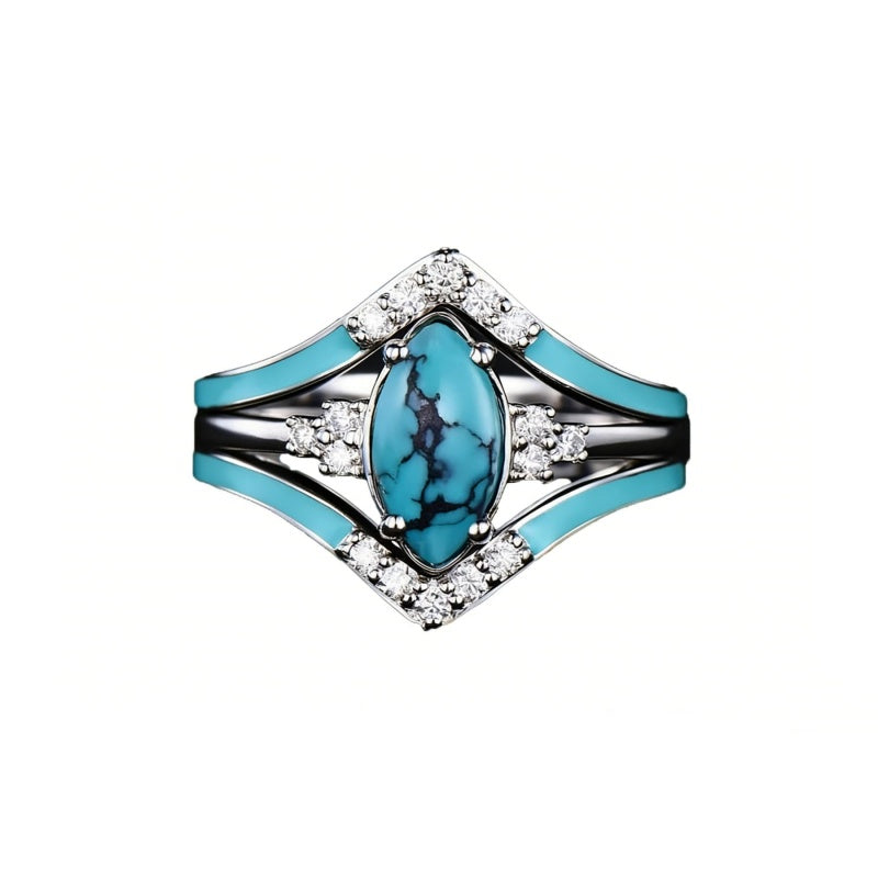 Sterling Silver 10K 14K 18K Gold Turquoise Engagement  Wedding Ring Set for Women