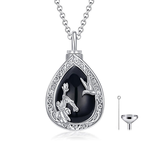 Sterling Silver Black Onyx Rose Hummingbird Urn Necklace for Ashes