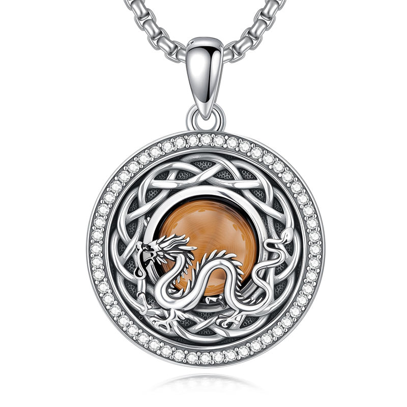 Sterling Silver Tiger Eye Eagle Lion Pendant Necklace for Men