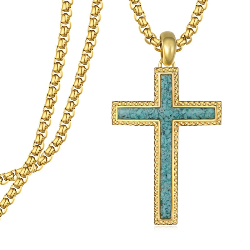 14K Gold Plated Turquoise Malachite Abalone Shell Cross Pendant Necklace for Men