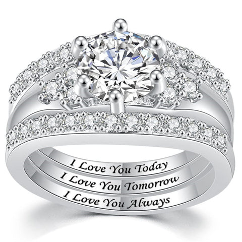 Copper Round Shaped Cubic Zirconia Three-in-One Eternity Engagement Wedding Band Ring Set