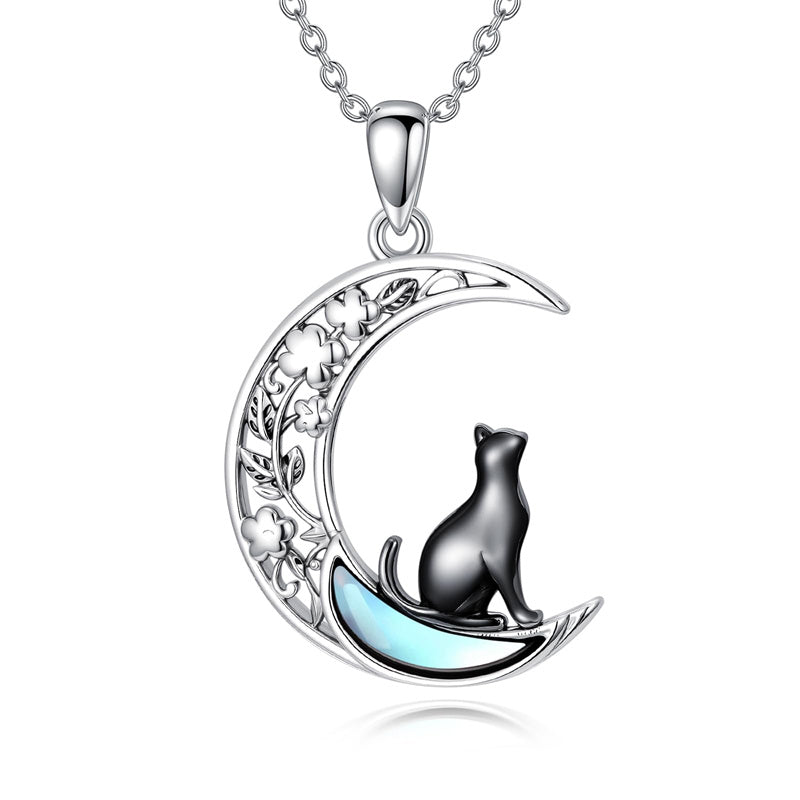 Sterling Silver Moonstone Wolf Cat Koala  Lion Moon Pendant Necklace