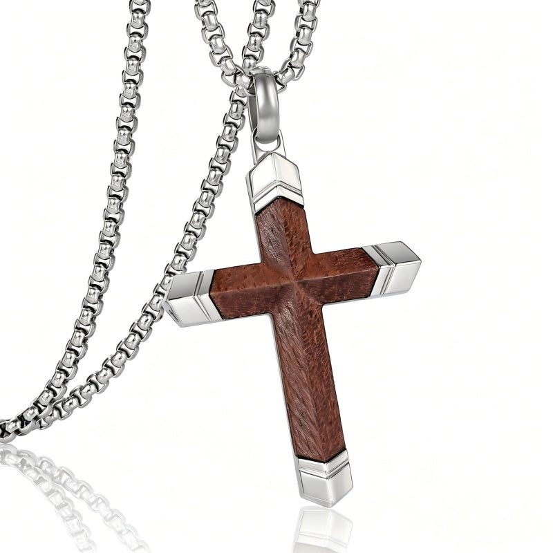 14K Gold  Plated Wooden Cross Crucifix Pendant Necklace for Men