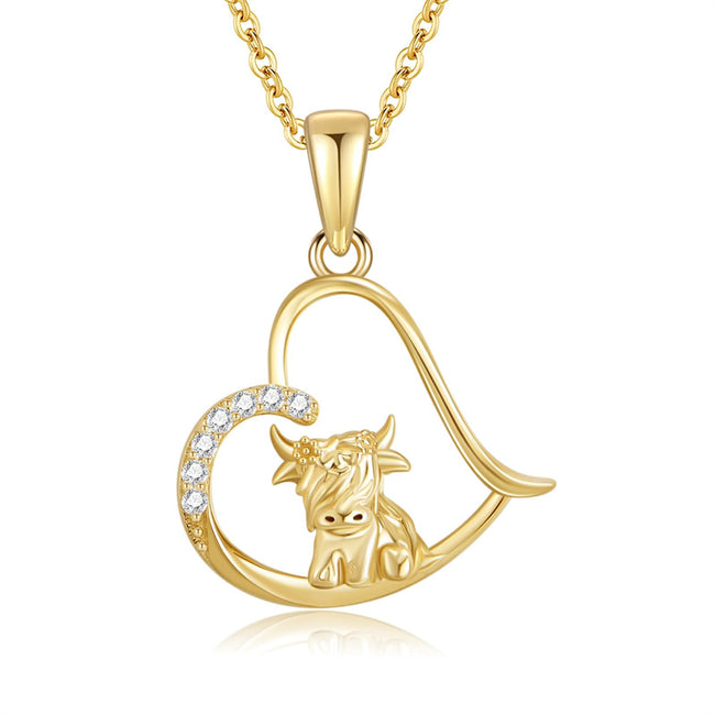 14K Gold Highland Cow Necklace for Women Solid Gold Heart Pendant Necklace Anniversary Birthday Gifts for Her
