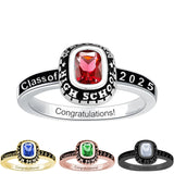 Sterling Silver Rounded Rectangle Personalized Birthstone Engraved Class Ring for Women