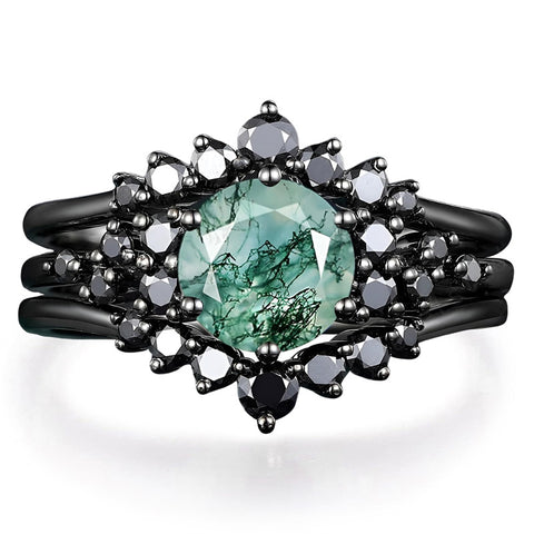 Sterling Silver 10K 14K 18K Gold 2CT Moss Agate Vine Leaf Women's Bridal Ring Sets for Wedding Engagement
