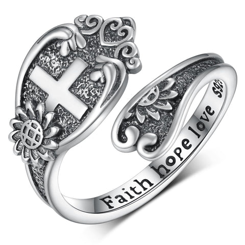 Sterling Silver Cross Adjustable Spoon Ring