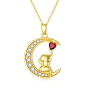 14K Gold Garnet Moissanite Elephant Moon Pendant Necklace