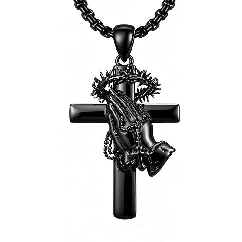 Sterling Silver Praying Hands Angel Sword Wing Cross Pendant Necklace Religious Gifts for Men