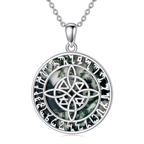 Sterling Silver Moss Agate Witches Knot Pendant Necklace
