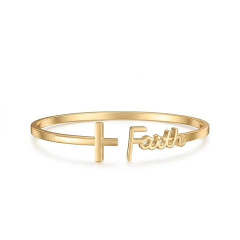 14K Gold  Plated Sideways Cross Bangle Cuff Bracelet Christian Jewelry for Women Inspiration Gift