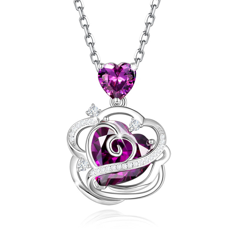 Sterling Silver Thornless Pulse Heart Birthstone  Rose Pendant Necklace