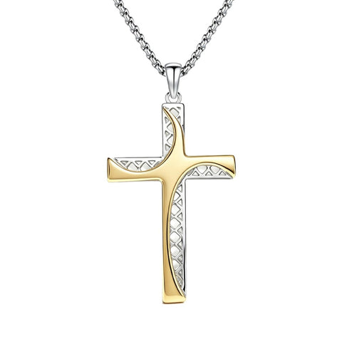 14K Gold Plated Two Tone Cross Pendant Necklace Christian Jewelry Religious Gift