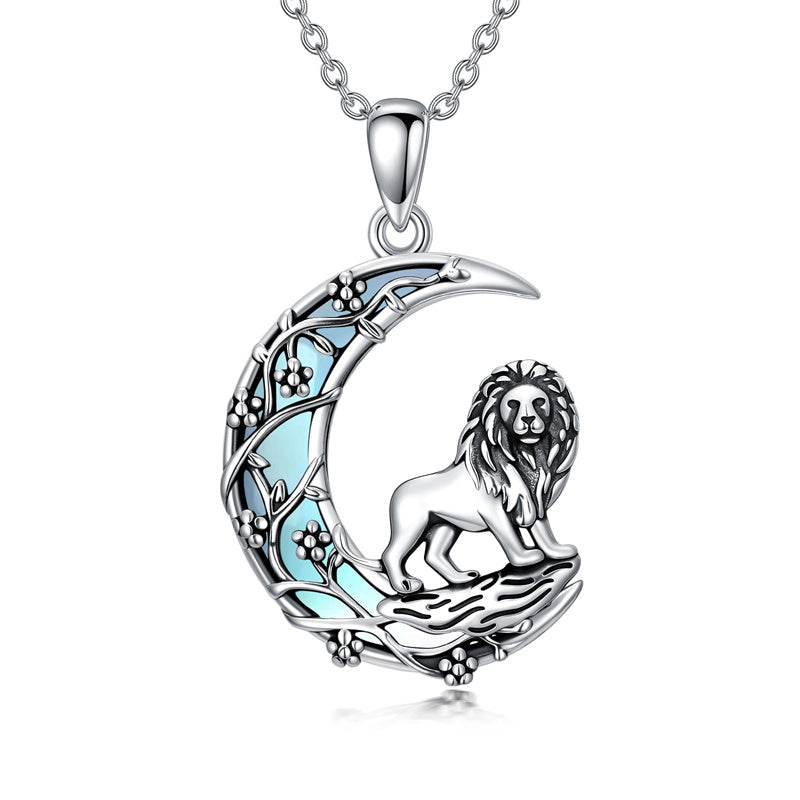 Sterling Silver Moonstone Wolf Cat Koala  Lion Moon Pendant Necklace