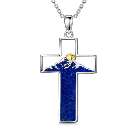 Sterling Silver Lapis Lazuli Abalone Shell Cross Mountains Necklace