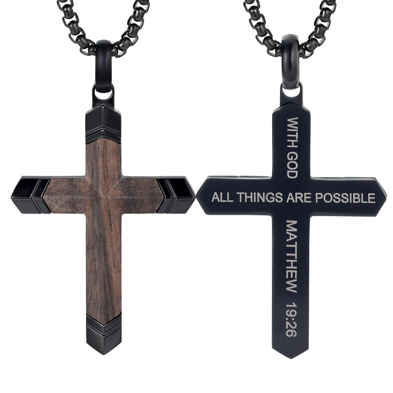 14K Gold  Plated Wooden Cross Crucifix Pendant Necklace for Men