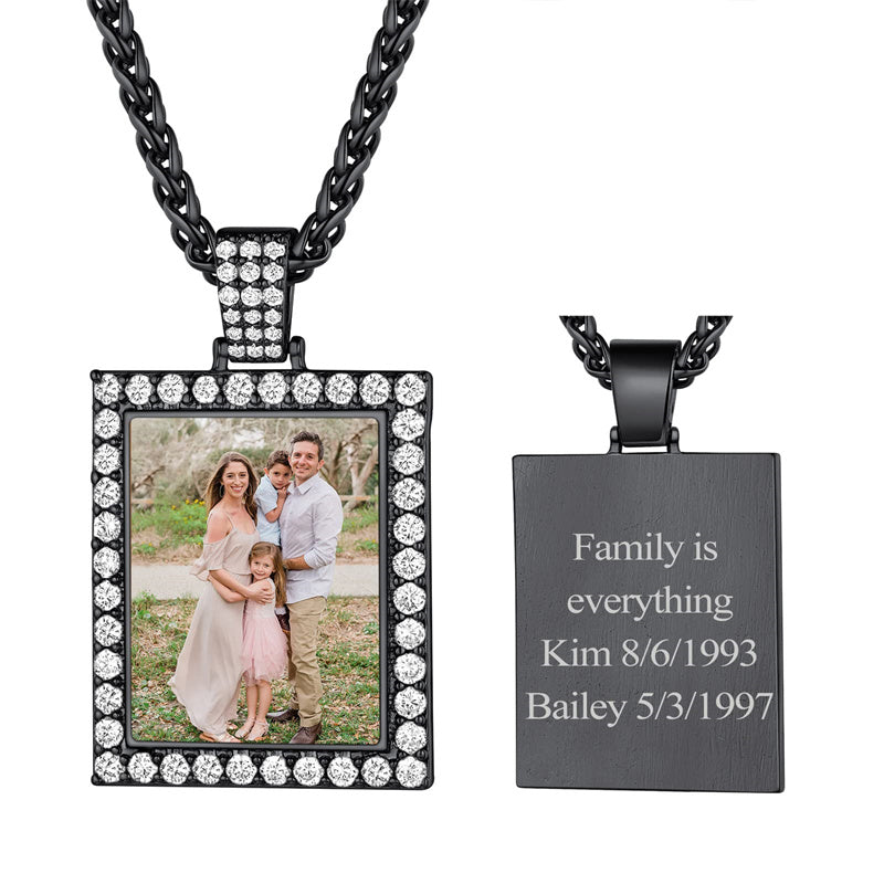 Copper Cubic Zirconia Square Personalized Photo Engraved Pendant Necklace
