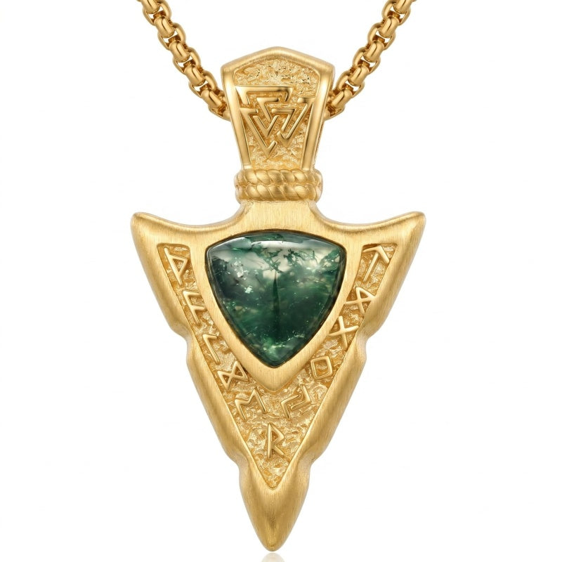 14K Gold Plated Moss Agate Turquoise Valknut Viking Arrow Head Pendant Necklace for Men