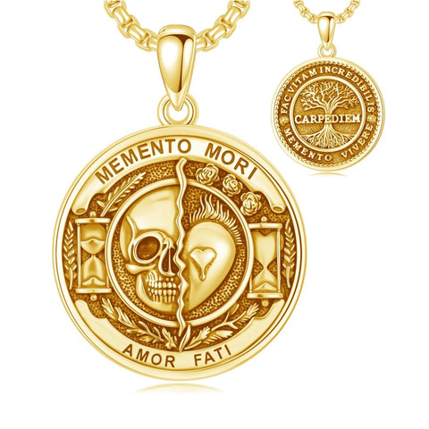 Sterling Silver Memento Mori Gothic Skull Amulet Pendant Necklace for Men