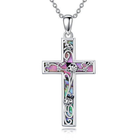 Sterling Silver Abalone Shell Bee Butterfly Dragonfly  Hummingbird Ladybug Cross Pendant Necklace for Women