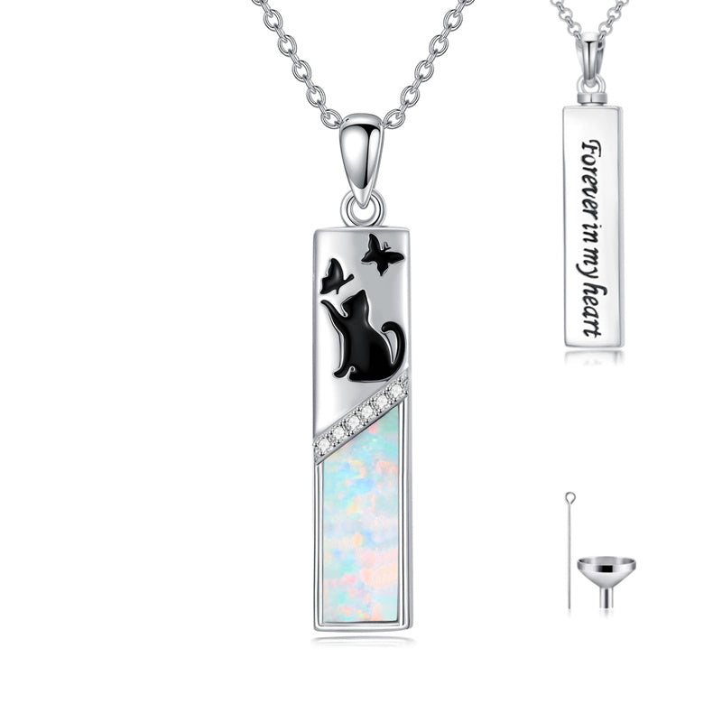 Sterling Silver  Opal Personalized Engraved Bar Pet  Butterfly Dragonfly Tree of Life  Urn Necklace for Ashes