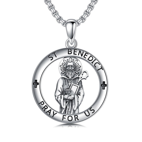 Sterling Silver Crown of Thorns Jesus St Benedict St Michael Pendant Necklace