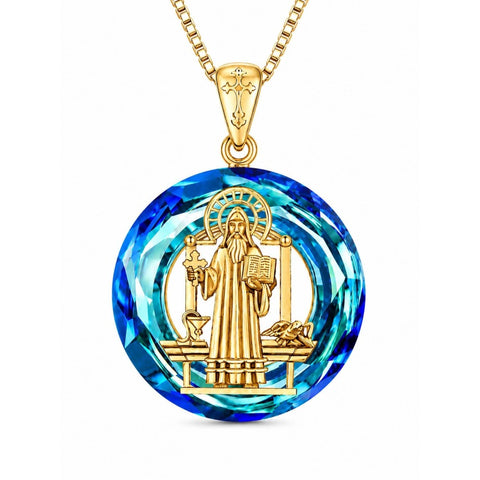 14K Gold Plated Blue Crystal Saint Protection Pendant Necklace Amulet Baptism Gift