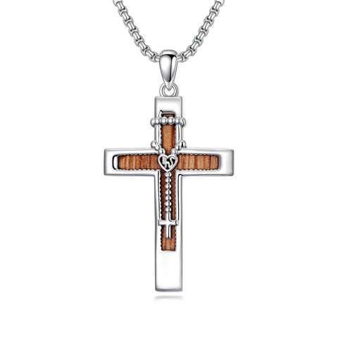 Sterling Silver Wooden Cross Pendant Necklace