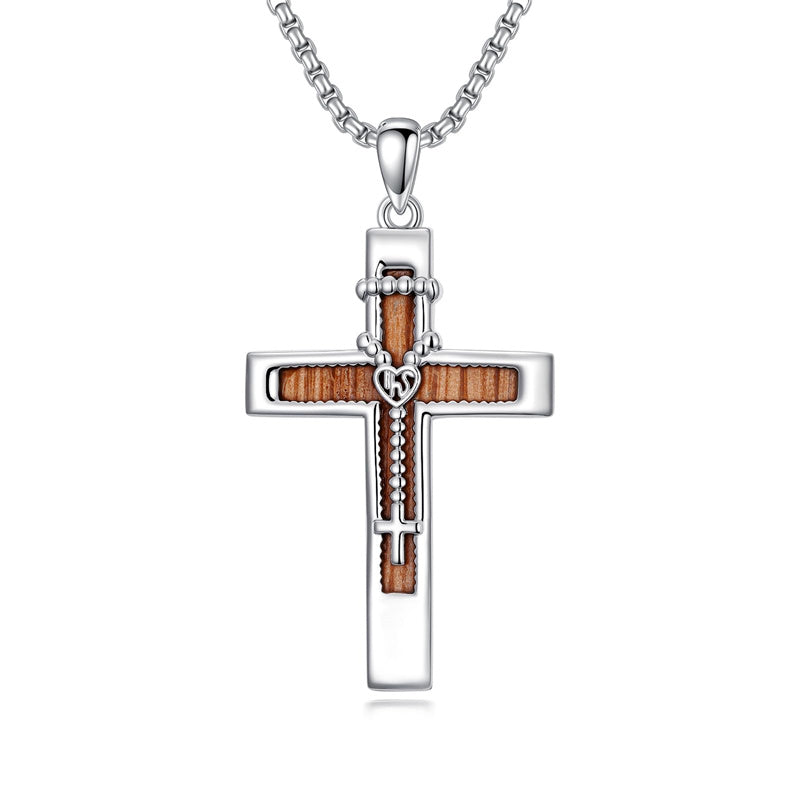 Sterling Silver Wooden Cross Pendant Necklace