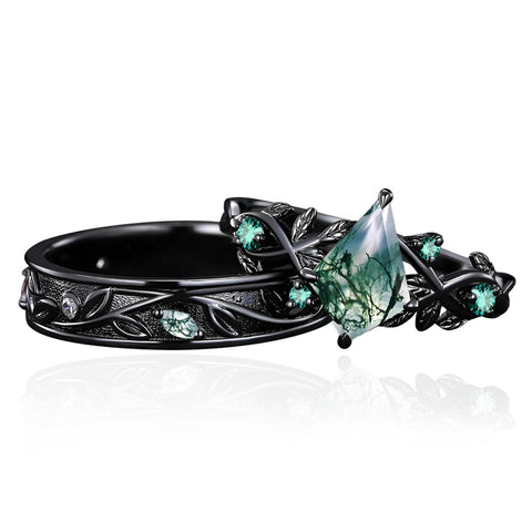 Sterling Silver 10K 14K 18K Gold Natural Leaf  Moss Agate Engagement Anniversary Couple Ring Sets