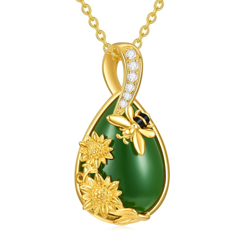 14K Gold Plated Natural Jade Hummingbird Cat Dragonfly Butterfly Bee Pendant Necklace for Women