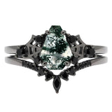 Sterling Silver 10K 14K  18K Gold Personalized Engraved Moss Agate Gothic Promise Wedding Engagement Black Ring Set