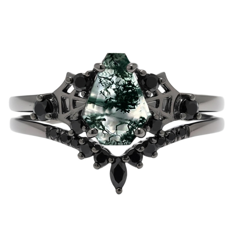 Sterling Silver 10K 14K  18K Gold Personalized Engraved Moss Agate Gothic Promise Wedding Engagement Black Ring Set